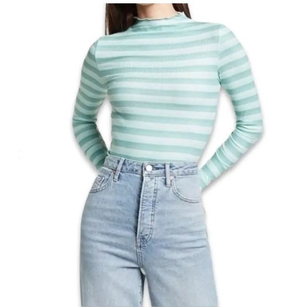 Cali Be Women's Long Sleeve Striped Ribbed Mock Lettuce Neck Top Light Blue XS